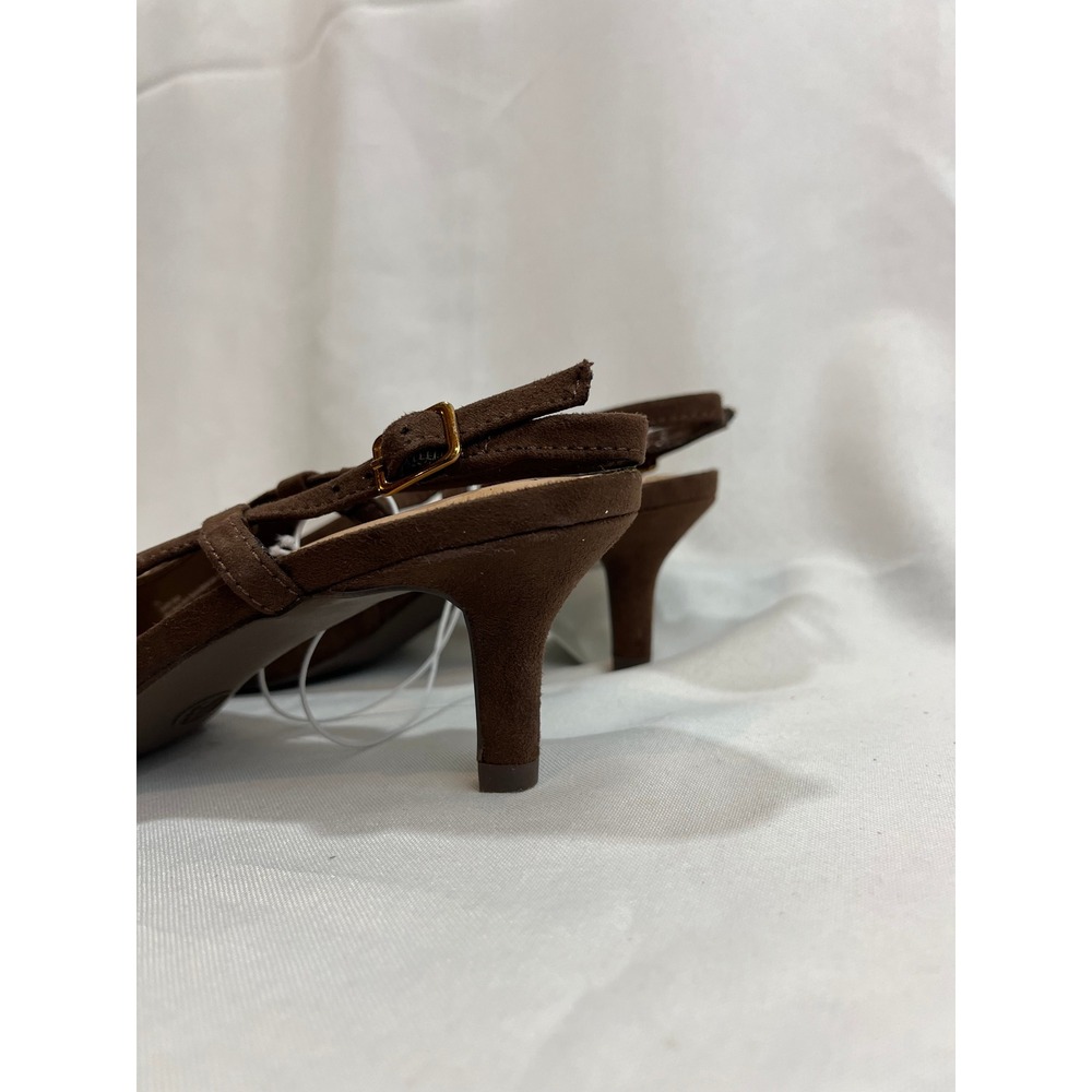 A New Day Brown Faux Suede Point Toe Kitten Heel Slingback Pumps Gold Chain 7.5 - Picture 3 of 6